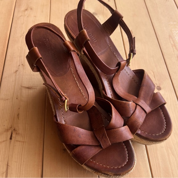 Miu Miu Wedges Brown Espadrille Leather Strap 4.75” High Tall Summer Size 40 - Picture 1 of 8